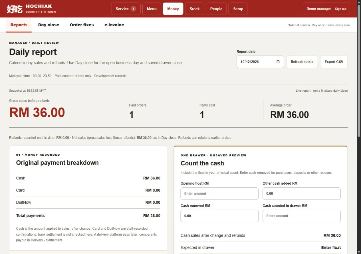 Actual POS report with one RM36 sample sale and its cash payment breakdown.